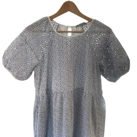 Everlane Tiered Blue White Eyelet Puff Sleeve Oversized Midi Dress Size XS - Picture 3 of 9